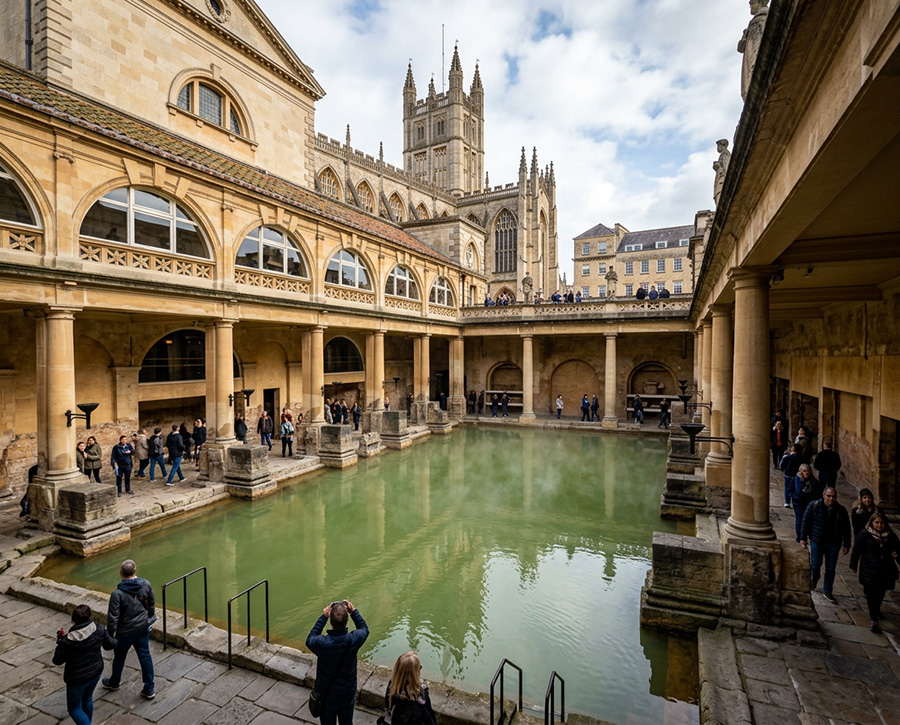A view of the Roman Baths with Bath Abbey in the background