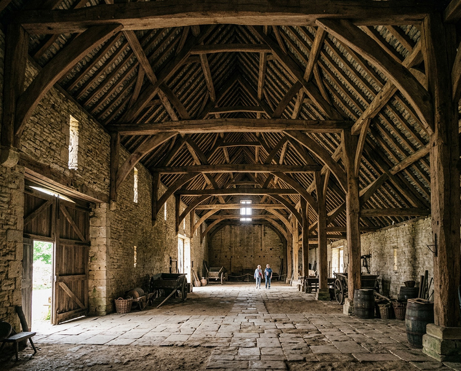 an illustration of the interior of the Tithe Barn in Bradford-On-Avon