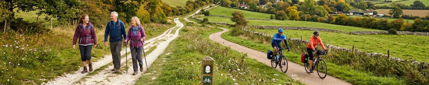 3 walkers hiking on a sandy path and 2 cyclists on a cycling path in the Wiltshire countryside