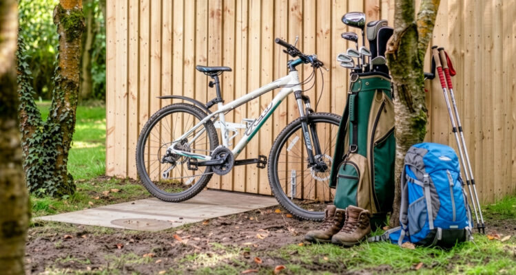 A mountain bike, golf club set, walking gear and rucksack outside a custom built secure shed at Great Ashley Farm in Wiltshire