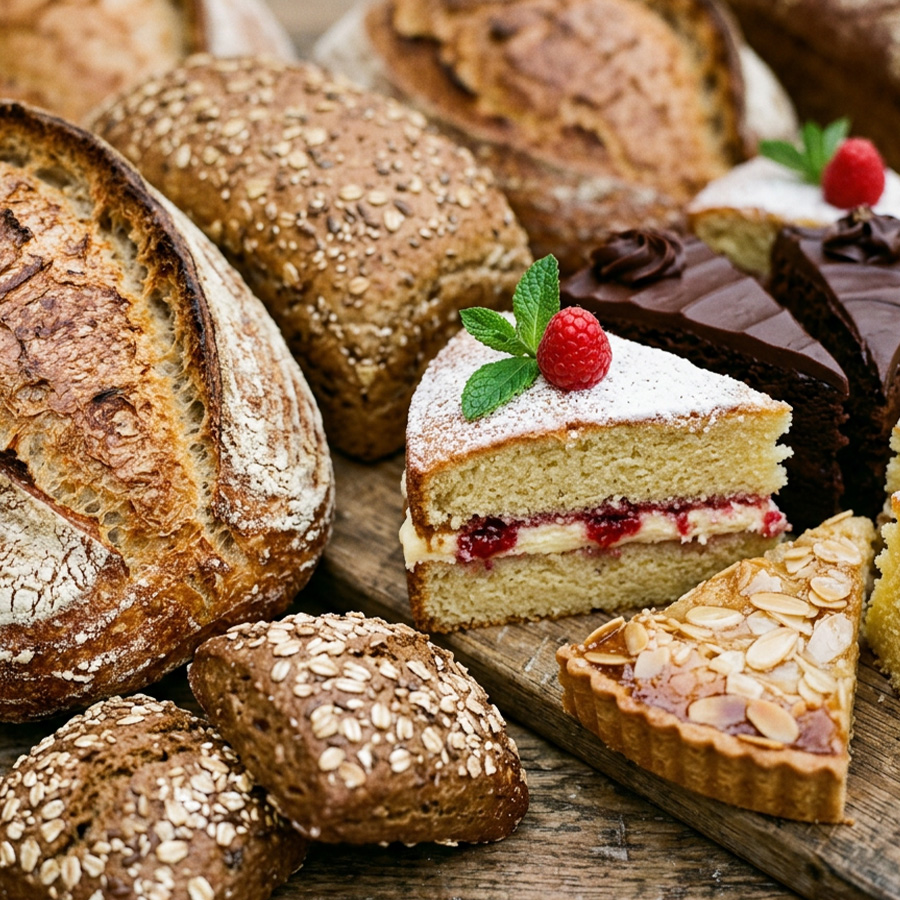 A selection of bread and cakes on a rustic board at a bakery