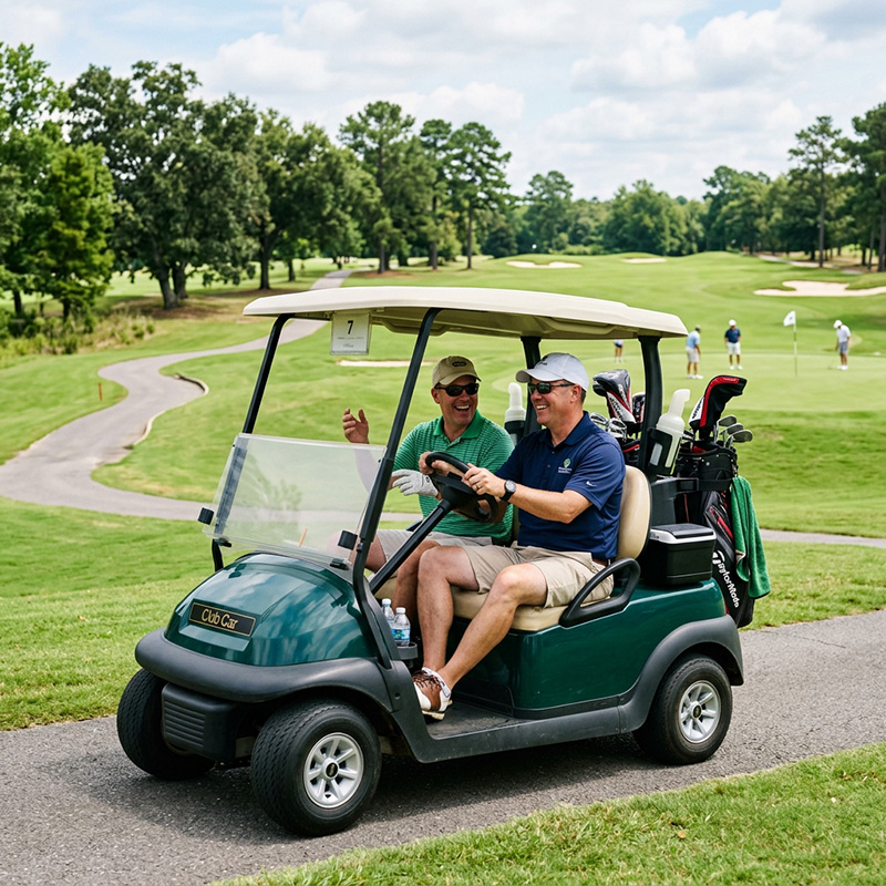 2 golfers on a golf buggy with a Wiltshire golf course in background