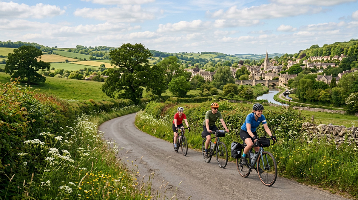 3 cyclists together cycling along a road from the city of Bath in Somerset